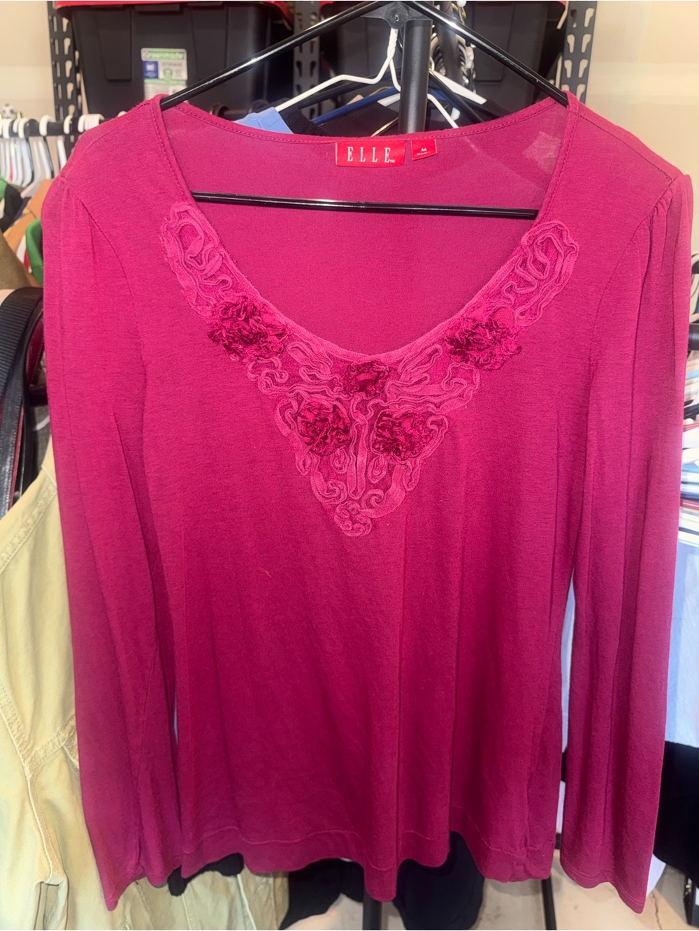 ELLE Magenta Floral-Embroidered V-Neck Long Sleeve Top